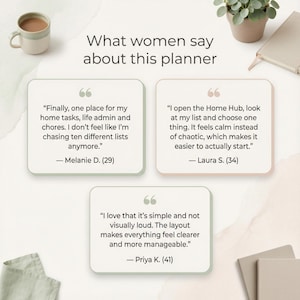 May include: An image showcasing a planner with customer testimonials. The text reads, "What women say about this planner." User quotes highlight the planner's benefits for organisation and simplicity. A mug of coffee and a small potted plant are also visible.