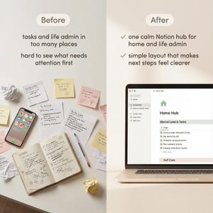 May include: An image comparing a messy workspace with notes and a phone, labelled "Before," to a laptop screen showing a tidy "Home Hub" interface, labelled "After." The image highlights organisation.