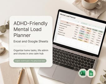 ADHD-Friendly Mental Load Planner | Excel and Google Sheets Digital Download