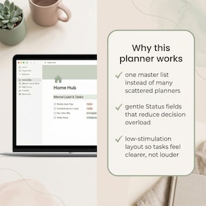 May include: A laptop screen showing a digital planner interface, labelled "Home Hub", with task lists. A graphic on the right explains the planner's features: a master list, gentle status fields, and a low-stimulation layout. Two mugs and a small plant are in the background.