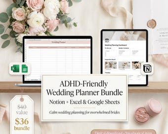 ADHD-Friendly Wedding Planner Bundle | Notion, Excel and Google Sheets - Digital Download