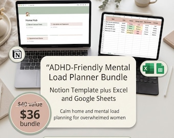 ADHD-Friendly Mental Load Planner Bundle Notion Template Excel and Google Sheets for Women