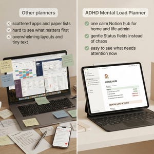 May include: A laptop and tablet showcasing digital planner interfaces. The laptop displays scattered apps and paper lists, while the tablet features a calm Notion hub for home and life admin. Sticky notes and a smartphone are also visible.