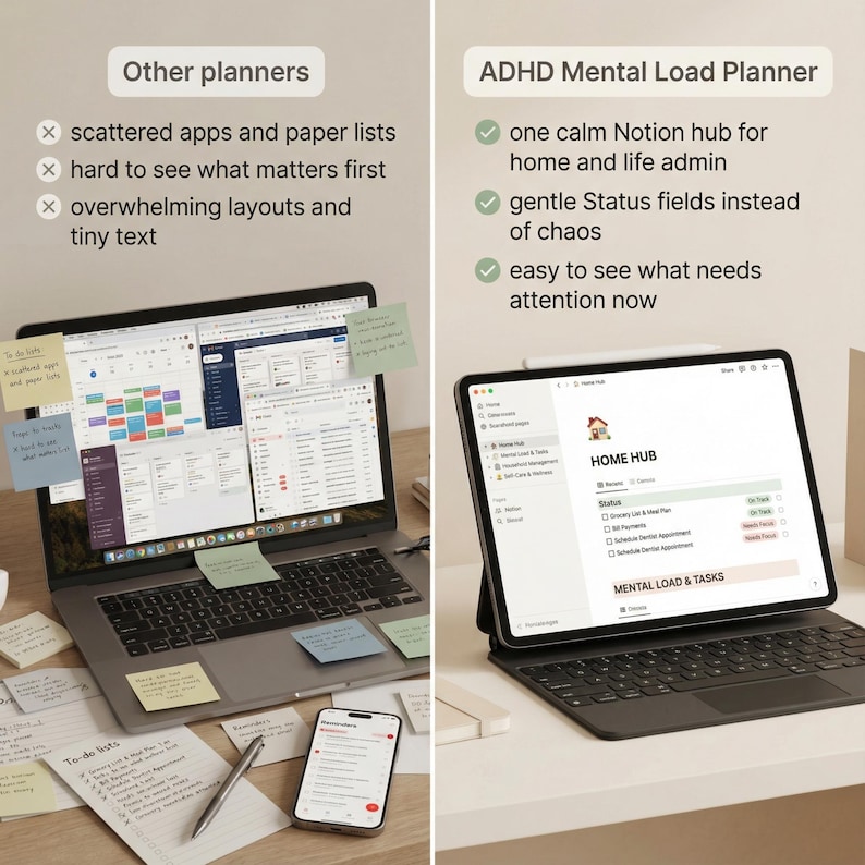May include: A laptop and tablet showcasing digital planner interfaces. The laptop displays scattered apps and paper lists, while the tablet features a calm Notion hub for home and life admin. Sticky notes and a smartphone are also visible.