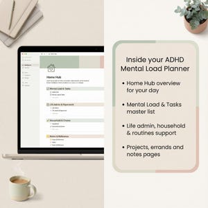 May include: A laptop screen shows a "Home Hub" interface with sections for tasks and household management. Next to it, a graphic lists features of an ADHD Mental Load Planner, including daily overviews and task lists. A mug of coffee and a small plant are also visible.