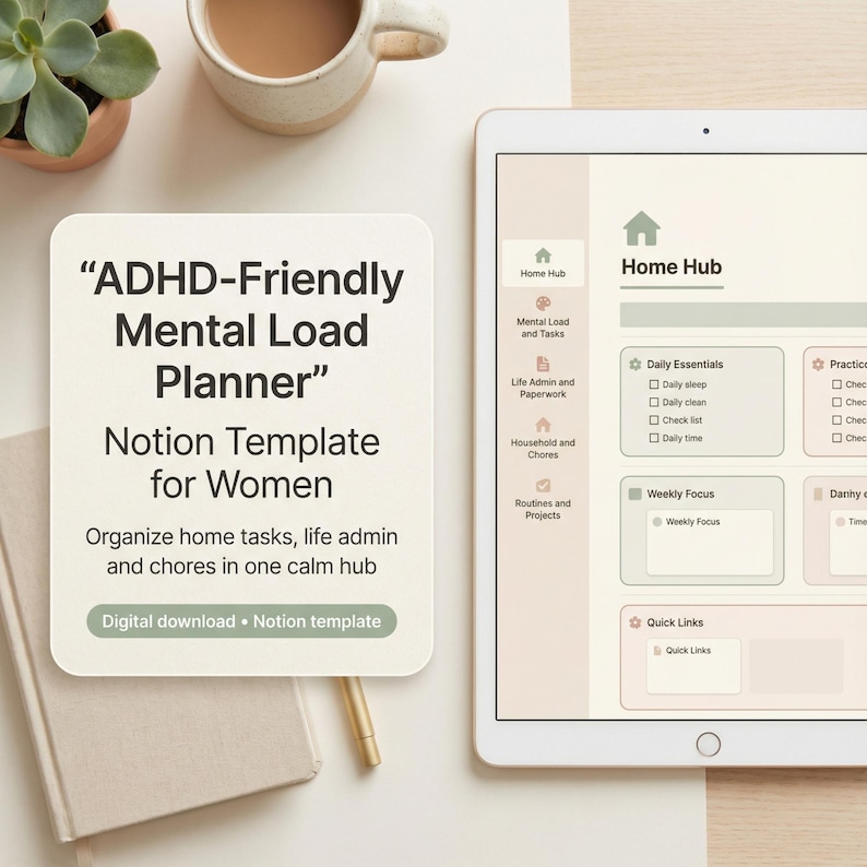 ADHD-Friendly Mental Load Planner Notion Template for Women | Calm Home and Life Admin Hub image 1