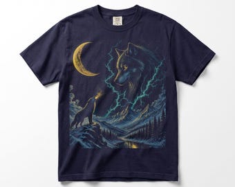 Spirits in the Night Wolf Comfort Colors Tee, Vintage 90s Howling Aurora