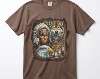 Vintage 90s Wolf and Eagle T-Shirt, Southwestern Dreamcatcher Graphic Tee, Retro Wildlife Shirt, Comfort Colors, Gift for Wolf Lover