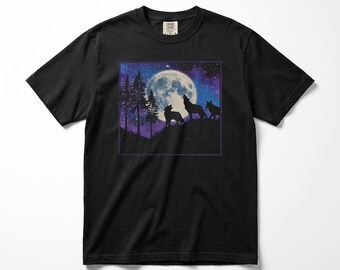 Vintage 90s Wolf T-Shirt, Howling Wolves Full Moon Graphic Tee, Starry Night Wolf Pack Shirt, Comfort Colors, Gift for Wolf Lover