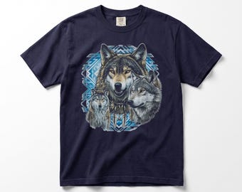 Vintage 90s Wolf T-Shirt, Three Wolves Southwestern Graphic Tee, Retro Wolf Pack Shirt, Comfort Colors, Gift for Wolf Lover