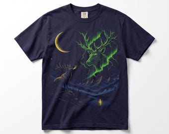 Spirits in the Night Elk Comfort Colors Tee, Vintage 90s Bugle Under Aurora