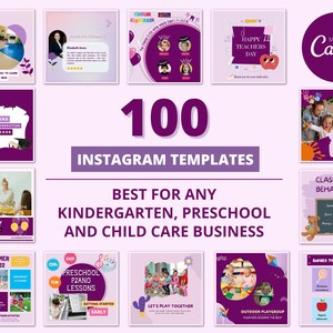 紫をテーマにした子供向け Instagram Canva テンプレート | 幼児教育 | 幼稚園 | 保育園 | 育児 | デイケア | ソーシャル メディア フィード