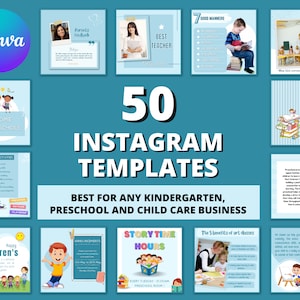 キッズ Instagram Canva テンプレート、幼児教育、幼稚園、保育園、育児、デイケア、ソーシャル メディア フィード、Canva、ライト ブルー テーマ