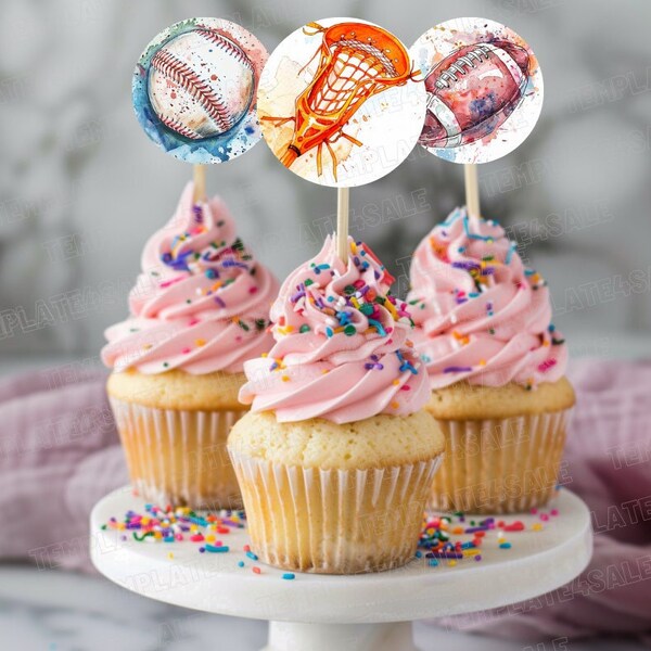 Décoration pour cupcakes All Star Sport - Décoration de gâteau d'anniversaire pour garçons et filles | Lacrosse, basketball, baseball, football | Décoration de fête