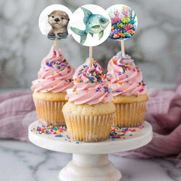 Ocean Animals Cupcake Toppers - Under the Sea Decor, Ocean Theme Party Decorations, Party Favor Tags
