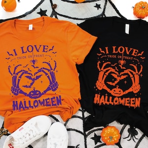 Custom Trick Or Treat I Love Halloween Tee, I Love Halloween Skeleton Shirt, Halloween Short Sleeve Tee, Halloween Gifts, Halloween Pumpkin