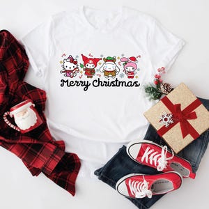 Hello Cat Christmas Shirt, Friends Kawaii Christmas Shirt, Kitty Xmas Shirt, Kawaii Cat Girls Shirt, Kawaii Kitty Tee, Girls Christmas Shirt