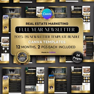 Real Estate Newsletter Canva Templates | 12 Editable Monthly Realtor Newsletters | Digital Download | Printable Marketing Kit 2025