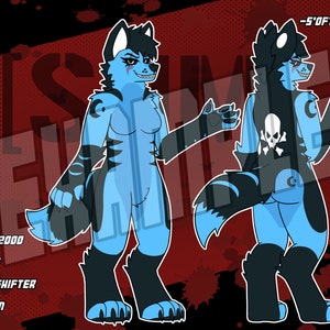 May include: A blue and black furry character with a skull and crossbones design on its chest. The character is 5'0" tall and has a crescent moon on its right leg. The character is labeled "Tigermoon" and has the date "06-04-2000" and the words "Female, Shape Shifter, Mexican" written below it.