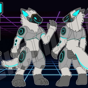 May include: A white wolf-like creature with a blue and gray robotic suit. The creature has a blue and black helmet with a visor. The creature is standing on a grid background with the text "PIXEL" and "Proto Male" in blue and white. The creature is shown from the front and side views.