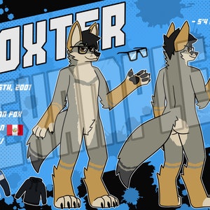 Puede incluir: Una ilustración digital de un personaje de zorro gris y marrón con ojos negros y gafas. El personaje está de pie con los brazos levantados y la cola detrás de él. El personaje mide 1,63 m de altura. La ilustración está sobre un fondo azul con lunares blancos. El texto "FOXTER" está en la parte superior de la ilustración. El texto "MARCH 5TH, 2001" está debajo del personaje. El texto "MALE" está debajo de la fecha. El texto "SECHURAN FOX" está debajo del género. El texto "PERUVIAN" está debajo de la raza. El texto "SPANISH/ENGLISH" está debajo del país de origen. El texto "FXTR 2023" está en la esquina inferior derecha de la ilustración.