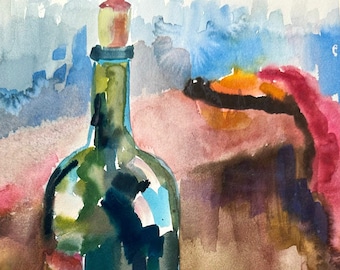 Vintage hand painted signed watercolor on paper bottle of wine apples still life HobbelAmsterdam