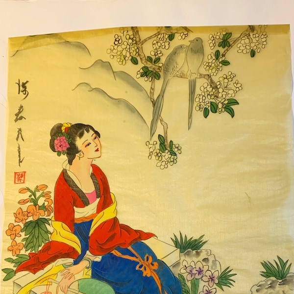 Vintage late 20th Century Japanese hand painted signed watercolour on silk painting sitting geisha fan love birds blossoms HobbelAmsterdam