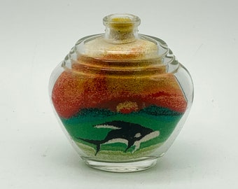 Vintage small sand art bottle orka sunset sea summer fish