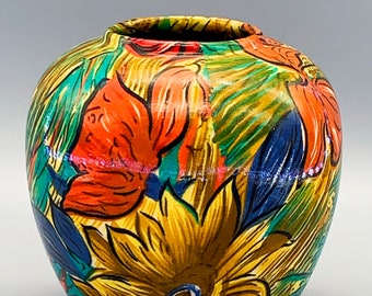 Vintage 1960s 60s ceramic fabric wrapped vase flowers brush strokes wild colorful