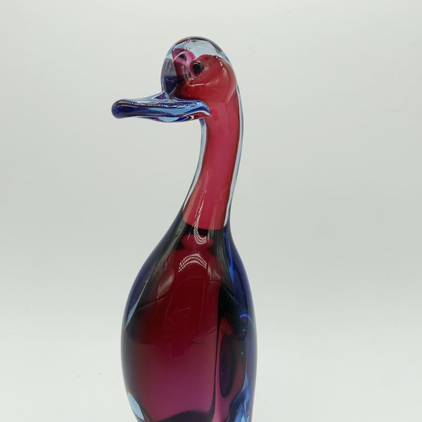 Vintage Mid Century sommerso art glass standing blue and purple duck clear bottom HobbelAmsterdam