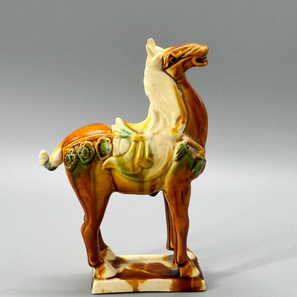 Vintage, Chinese, Mid Century, Tang Dynasty style, small, 6 ", horse sculpture, tri color drip glaze, Sancai glaze, war horse,