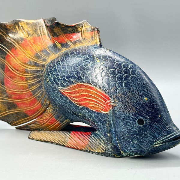 Vintage wooden carved hand painted fish blue red gold tabletop waving fins figure figurine sculpture betta fish, Siamese fighting fish