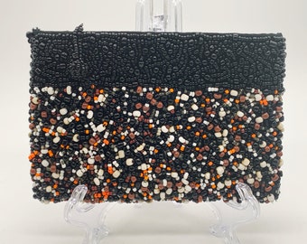 Vintage 70s 1970s black brown orange white heavily beaded seed beads wallet coin purse