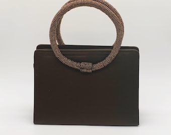 Vintage 1970s 70s brown Vanessa beaded circle handle evening bag purse handbag HobbelAmsterdam