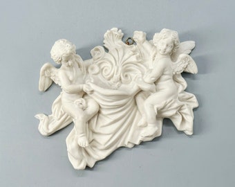 Vintage, 1950s, 50s, Italian, marble composite, white, sculpture, holy water font, wall hanging, cherubs, Catholic, religious, A. Santini,