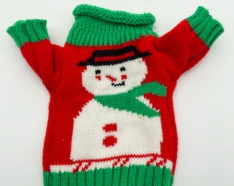 Vintage Christmas Doll sized hand made sweater cardigan knitted for a doll Snowman