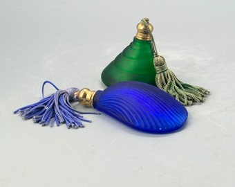 Vintage, set of two, glass, cobalt blue, green, frosted glass, miniature perfume bottles, shells, beach, bathroom, coastal, gift