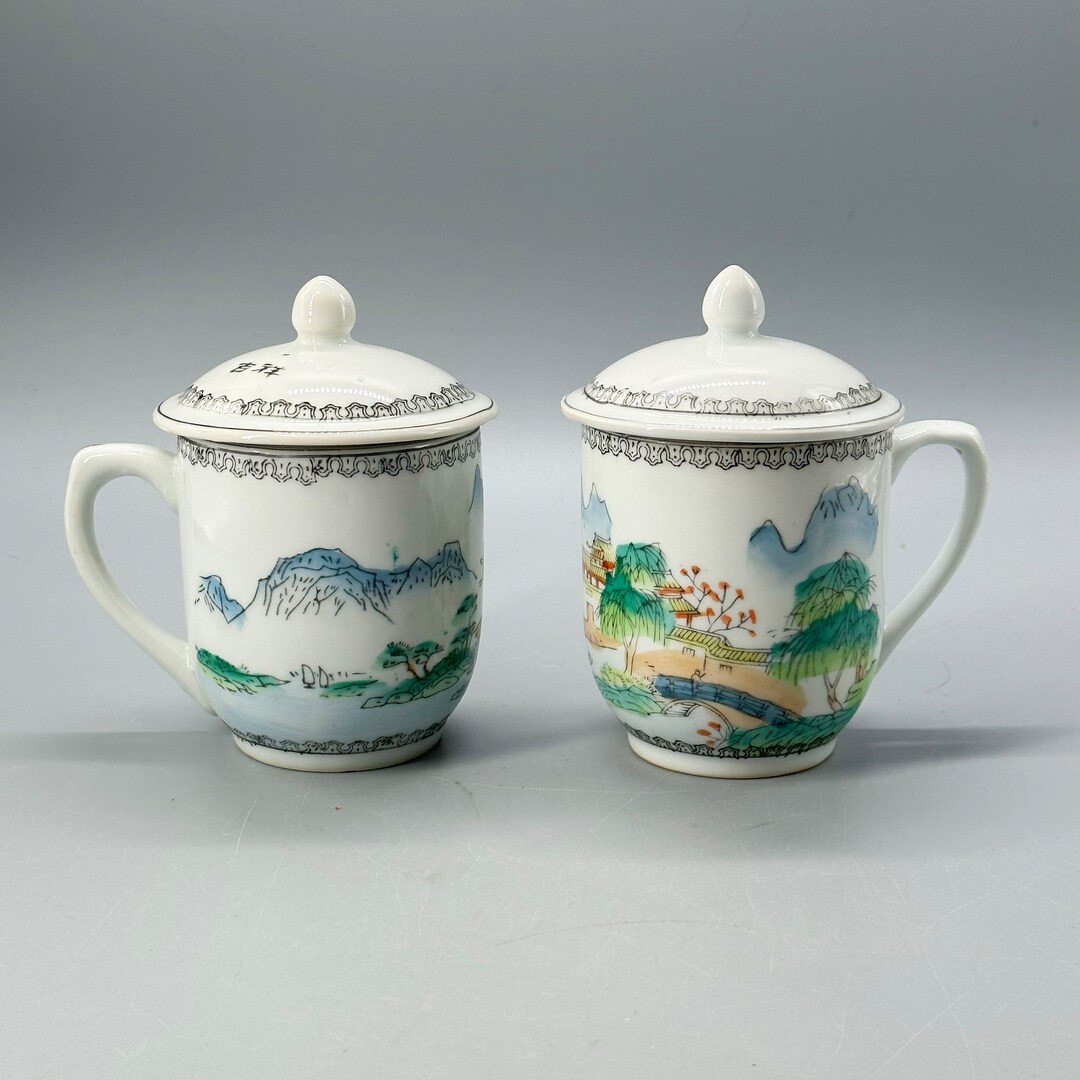Vintage, Set of Two, Chinese, Tea Mugs With Lid, Landscape, Hand