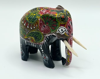 Vintage, Indian, Folk Art, hand carved, hand painted, stylised elephant, figure, figurine, plastic tusks, HobbelAmsterdam