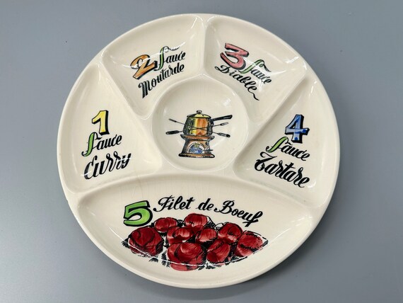 Vintage 1970s 70s French Gien set of two fondue plates divided 
