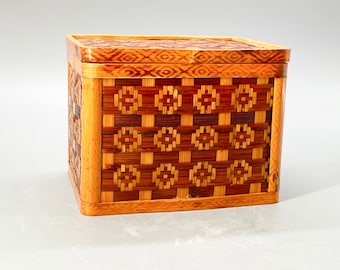 Vintage, Chinese, rattan and Bamboo, hand made, wedding box, small box, basket, geometric, square,  HobbelAmsterdam