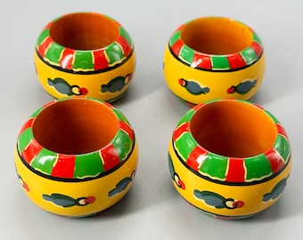 Vintage, Mexican, hand painted, colorful, wooden, set of four, napkin rings