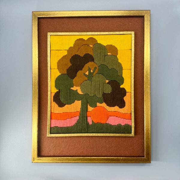 Vintage, Mid Century, MCM, crewel, embroidery, handmade, wall hanging, with frame, tree, sunset, gold painted frame, brown felt,