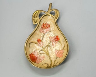 Vintage, 1960s, 60s, pear shaped, trinket dish, enamelled, solid brass, Shabby, gold pink, flowers, floral, HobbelAmsterdam