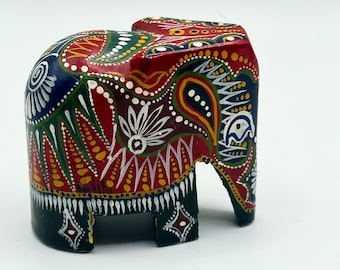Vintage, Indian, Folk Art, hand carved, hand painted, stylised elephant, figure, figurine, HobbelAmsterdam