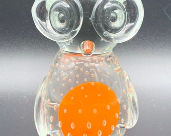 Art glass Owl hand blown vintage bullicante huge eyes orange encased in clear glass HobbelAmsterdam