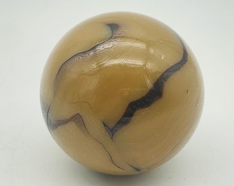 Vintage hand made huge large 45 mm glass Japanese marble beige brown crease pontil HobbelAmsterdam