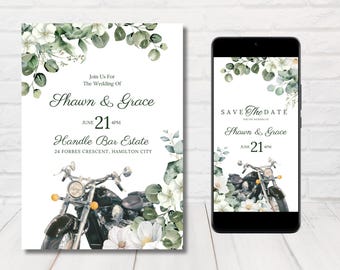 Invito a nozze in moto stampabile, invito a nozze floreale in moto, set di inviti a nozze in moto, modello modificabile.