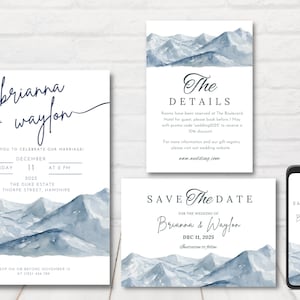 Winter Wedding Invitation Set, Winter Wedding Invites, Winter Mountains Invitation, Winter Wedding Bundle, Editable Template.