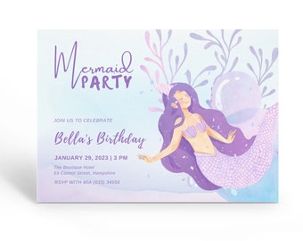 Printable Mermaid Invitations, Mermaid Birthday Party Invitation, Mermaid Invite, Pink and Purple Under The Sea Invite, Editable Template.